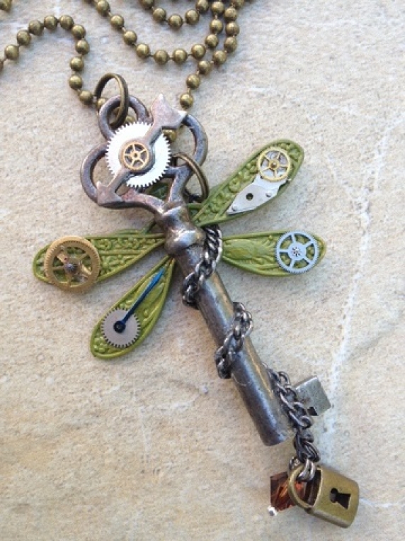 Steampunk Dragonfly Skeleton Key Necklace