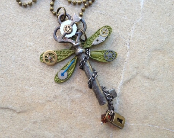 Steampunk Dragonfly Skeleton Key Necklace