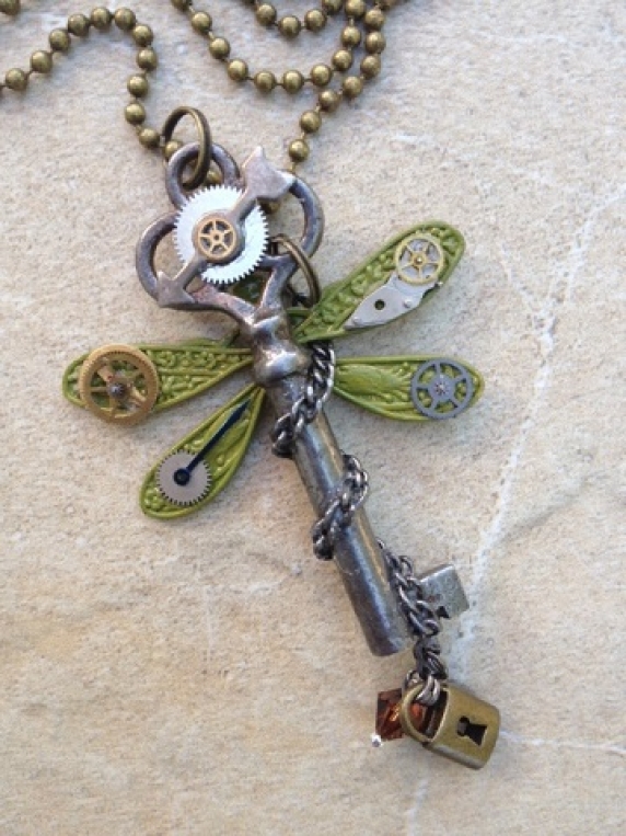 Steampunk Dragonfly Skeleton Key Necklace
