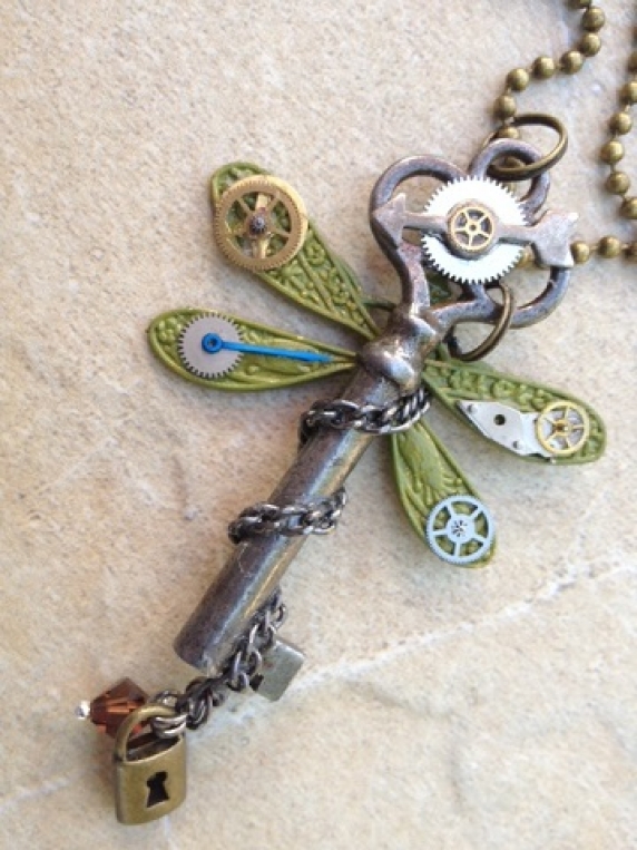Steampunk Dragonfly Skeleton Key Necklace